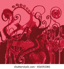 Vector illustration of hand drawn ink distressed grunge swirl pattern. Colorful backdrop, background. Pink, fuchsia, red.