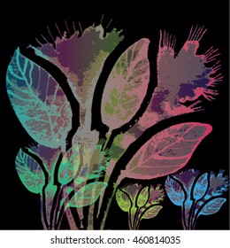 Vector illustration of hand drawn ink distressed grunge floral romantic pattern. Abstract painted leaves, flowers backdrop, background. Transparent  pink, turquoise, green flower on black background.