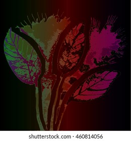 Vector illustration of hand drawn ink distressed grunge floral romantic pattern. Abstract painted leaves, flowers backdrop, background. Transparent  pink, red, green flower on dark brown background.