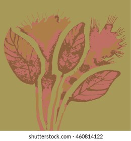 Vector illustration of hand drawn ink distressed grunge floral romantic pattern. Abstract painted leaves, plants, flowers backdrop, background. Transparent pink flowers on green background.