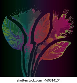 Vector illustration of hand drawn ink distressed grunge floral romantic pattern. Abstract painted leaves, flowers backdrop, background. Transparent  pink, turquoise, green flower on black background.