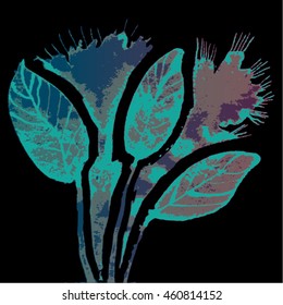 Vector illustration of hand drawn ink distressed grunge floral romantic pattern. Abstract painted leaves, plants, flowers backdrop, background. Transparent turquoise, blue flower on black background.