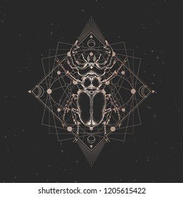 Vector illustration with hand drawn insect and Sacred geometric symbol on black vintage background. Abstract mystic sign. Gold linear shape. For you design: tattoo, print, posters, t-shirts, textiles.