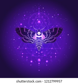 Vector illustration with hand drawn insect and Sacred geometric symbol against the starry sky. Abstract mystic sign. Linear shape. For you design: tattoo, print, posters, t-shirts, textiles and other.