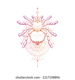 Vector illustration with hand drawn insect and Sacred geometric symbol on white background. Abstract mystic sign. Colored linear shape. For you design: tattoo, print, posters, t-shirts, textiles.