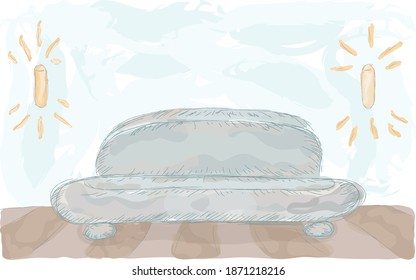 Vector illustration of hand drawn interior with sofa, light sconce, wooden floor with imitation of watercolor