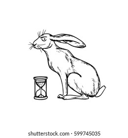 Vector illustration of hand drawn irritated funny hare awaiting next to hourglass. Beautiful ink drawing made in retro style. 