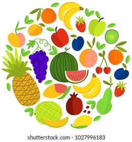Vector illustration of hand drawn isolated fruits round composition for print, poster, card, tag or banner