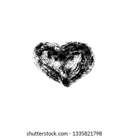 Vector illustration, hand drawn isolated heart. Grunge brush and pencil (chalk or charcoal) texture. Black silhouette made by tracing.