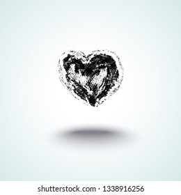 Vector illustration, hand drawn isolated heart. Grunge brush and pencil (chalk or charcoal) texture. Black silhouette made by tracing.