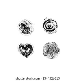 Vector illustration, hand drawn isolated elements set: stain, heart. Grunge brush and pencil (chalk or charcoal) texture. Black silhouettes, tracing on white background.
