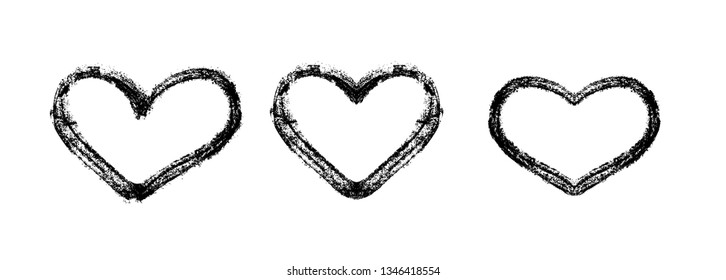 Vector illustration, hand drawn isolated hearts set. Grunge brush and pencil (chalk or charcoal) texture. Black silhouettes, tracing on white background.