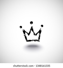 Vector illustration, hand drawn isolated crown. Grunge brush and pencil (chalk or charcoal) texture. Black silhouette made by tracing, white background.