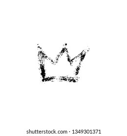 Vector illustration, hand drawn isolated crown. Grunge brush and pencil (chalk or charcoal) texture. Black silhouette made by tracing, white background.