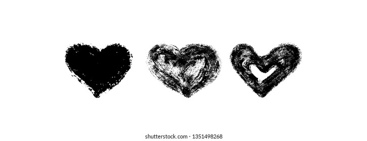 Vector illustration, hand drawn isolated hearts set. Grunge brush and pencil (chalk or charcoal) texture. Black silhouettes, tracing on white background.