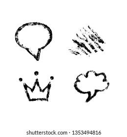 Vector illustration, hand drawn isolated elements set: crown, speech bubble, stroke. Grunge brush and pencil (chalk or charcoal) texture. Black silhouettes, tracing on white background.