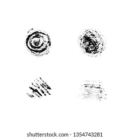 Vector illustration, hand drawn isolated elements set: stain, stroke. Grunge brush and pencil (chalk or charcoal) texture. Black silhouettes, tracing on white background.