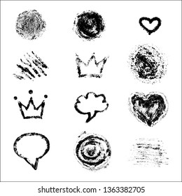 Vector illustration, hand drawn isolated elements set: crown, stain, line, scratch, speech bubble. Grunge brush and pencil (chalk or charcoal) texture. Black silhouettes, tracing on white background.