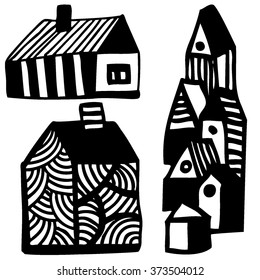 Vector illustration. Hand  drawn isolated stripped buildings. Elements for design.