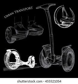 Vector illustration of Hand drawn isolated objects transports. Modern urban transport. Balancing scooter, self-balance, electric scooter, one-wheel on black background.