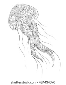 Vector illustration of hand drawn jellyfish on white background.Coloring page for adult.