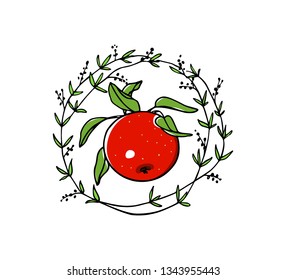 Vector illustration of hand drawn juicy apple in floral wreath. Beautiful ink drawing. Perfect food design elements