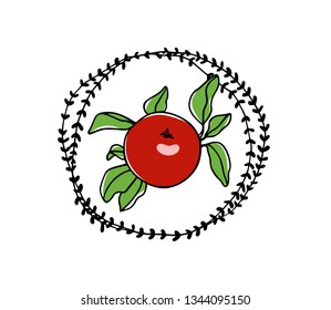 Vector illustration of hand drawn juicy apple in floral wreath. Beautiful ink drawing. Perfect food design elements