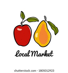 Vector illustration of hand drawn juicy red apple and pear. Beautiful food and healthy eating design elements, perfect for food related industry