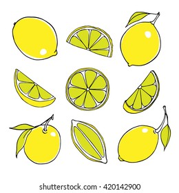 Vector illustration of hand drawn juicy lemons. Vegetarian, healthy food illustration. Beautiful design elements.