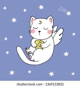 Vector illustration of hand drawn kawaii cartoon sketch cat in anime style with angel wings, planet in his hands, moon tattoo, flying among falling stars in the night sky, good night, sweet dreams