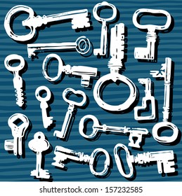 Vector illustration with hand drawn keys collection (old and new) 