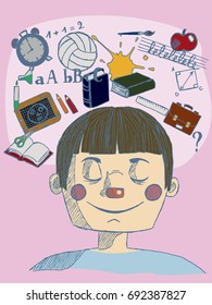vector illustration of a hand drawn kid with closed eyes and thinking about school with blue lines on pink background