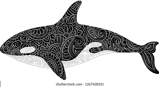 Vector illustration hand drawn of killer whale or orca Ethnic pattern. Meditative coloring. Mandala drawing. Drawing from the hand. 