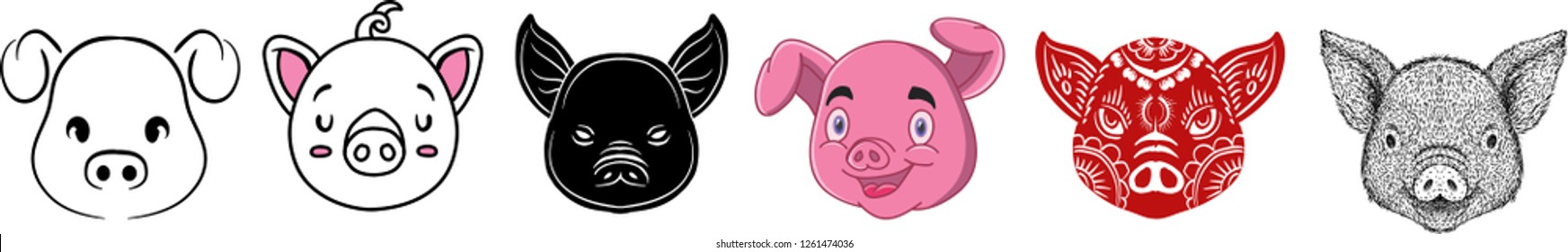 Vector illustration hand drawn of 
kinds drawing styles set icon head pig logo,doodle,shilouette,cartoon,chinese year,and realistic drawing head of pig.