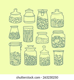Ilustración vectorial de tarros de cocina dibujados a mano llenos de diferentes comidas. Elementos de diseño geniales.