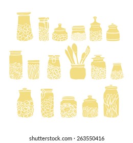 Vector illustration of hand drawn kitchen jars filled with different meals. Cool design elements.