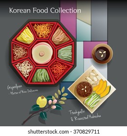 Vector illustration of hand drawn Korean food collection. A set of delicacies traditional dishes in Korea.