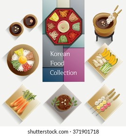 Vector illustration of hand drawn Korean food collection. A set of delicacies traditional dishes in Korea.