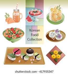 Vector illustration of hand drawn Korean food collection. A set of delicacies traditional dishes in Korea.
