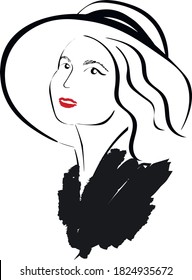 Vector illustration hand drawn lady in hat portrait isolated on white background. Outline drawing. Good for women accessory & cloth boutique, cosmetic shop, girl care salon, fashion store emblem
