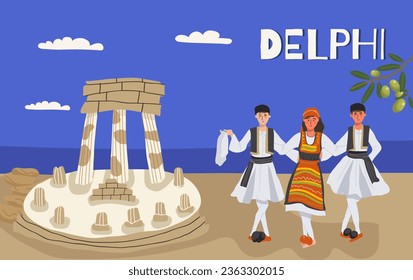 Imagen vectorial de monumentos, atracciones y símbolos de Grecia hechos a mano al estilo doodle. Personajes bailan sirtaki. Turismo, viajes.