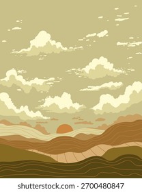 Ilustración vectorial con colinas dibujadas a mano, puesta de sol y hermoso cielo con nubes.