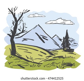 Vector illustration: Hand drawn Landscape with Mountains, pine and  dry tree in the foreground. Color Sketch
