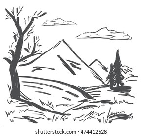 Vector illustration: Hand drawn Landscape with Mountains, pine and  dry tree in the foreground. Sketch