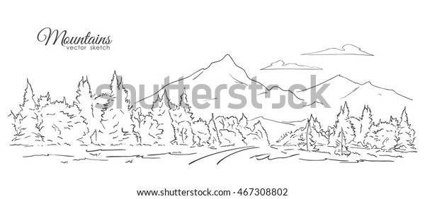 Vector Illustration Hand Drawn Landscape Mountains Stock Vector