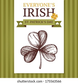 Vector illustration with hand drawn leaf clover, trefoil, for St. Patrick's day on striped background.