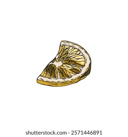 Vector illustration of a hand drawn lemon wedge. Realistic citrus fruit slice with zest in engraved style. Food Sour ingredient. Organic, natural product. Isolated background.