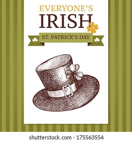 Vector illustration with hand drawn leprechaun hat for St. Patrick's day on striped background.