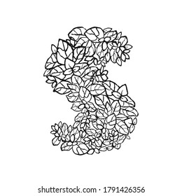 Ilustración vectorial de la letra S dibujada a mano. Diseño de tipografía floral en blanco y negro para postales, banner, estampado de camisetas, invitación, tarjeta de saludo, afiche, decoración en casa