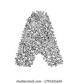 Vector illustration of hand drawn letter A. Black and white floral typography design for postcard, banner, t-shirt print, invitation, greeting card, poster, home decor